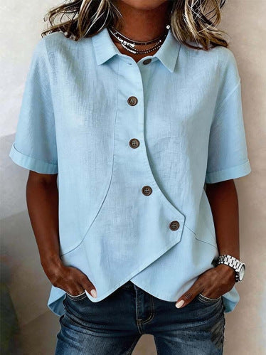 Chemise femme fluide et chic, design asymétrique. Col structuré, boutonnée, idéale pour printemps-été.
