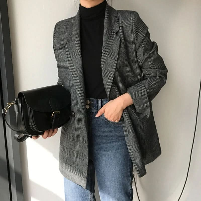 Kvinnors Midjelång Rutig Blazer - Oversized Passform