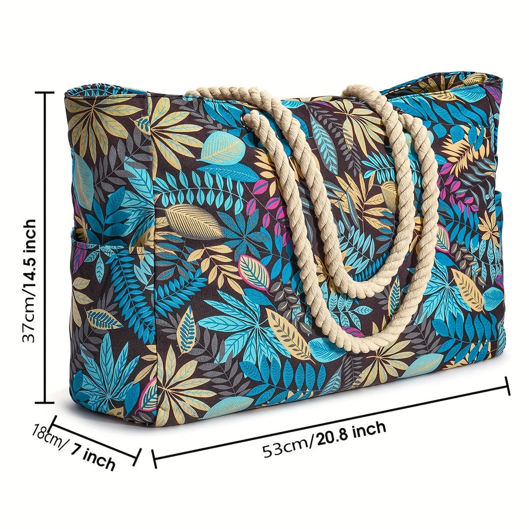 Sac de plage durable femme avec imprimé feuilles vertes. Style estival, grand volume pour l'été.