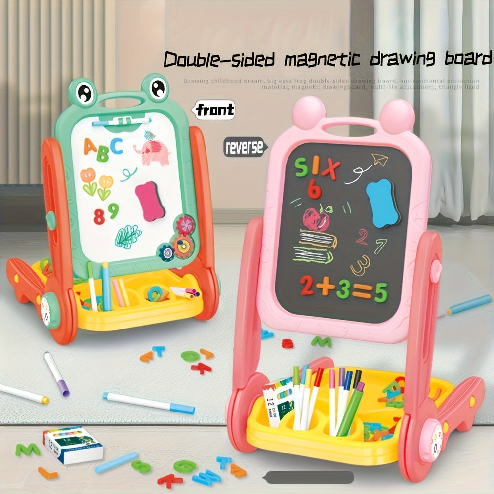 Tableau enfant double face: un côté magnétique pour lettres et chiffres, un côté noir pour craie. Jouet éducatif.