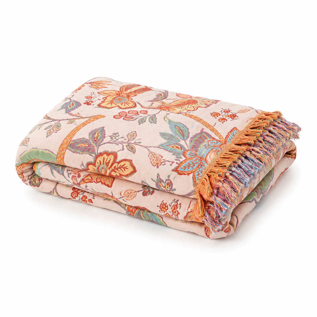 Jeté de lit floral en coton léger, motifs printaniers, parfait pour décoration intérieure bohème.