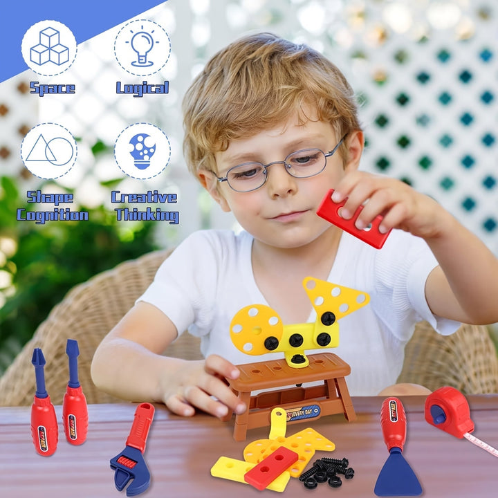 Jeu éducatif 48 pièces : outils pour enfants, perceuse électrique, casque; développe la motricité fine.
