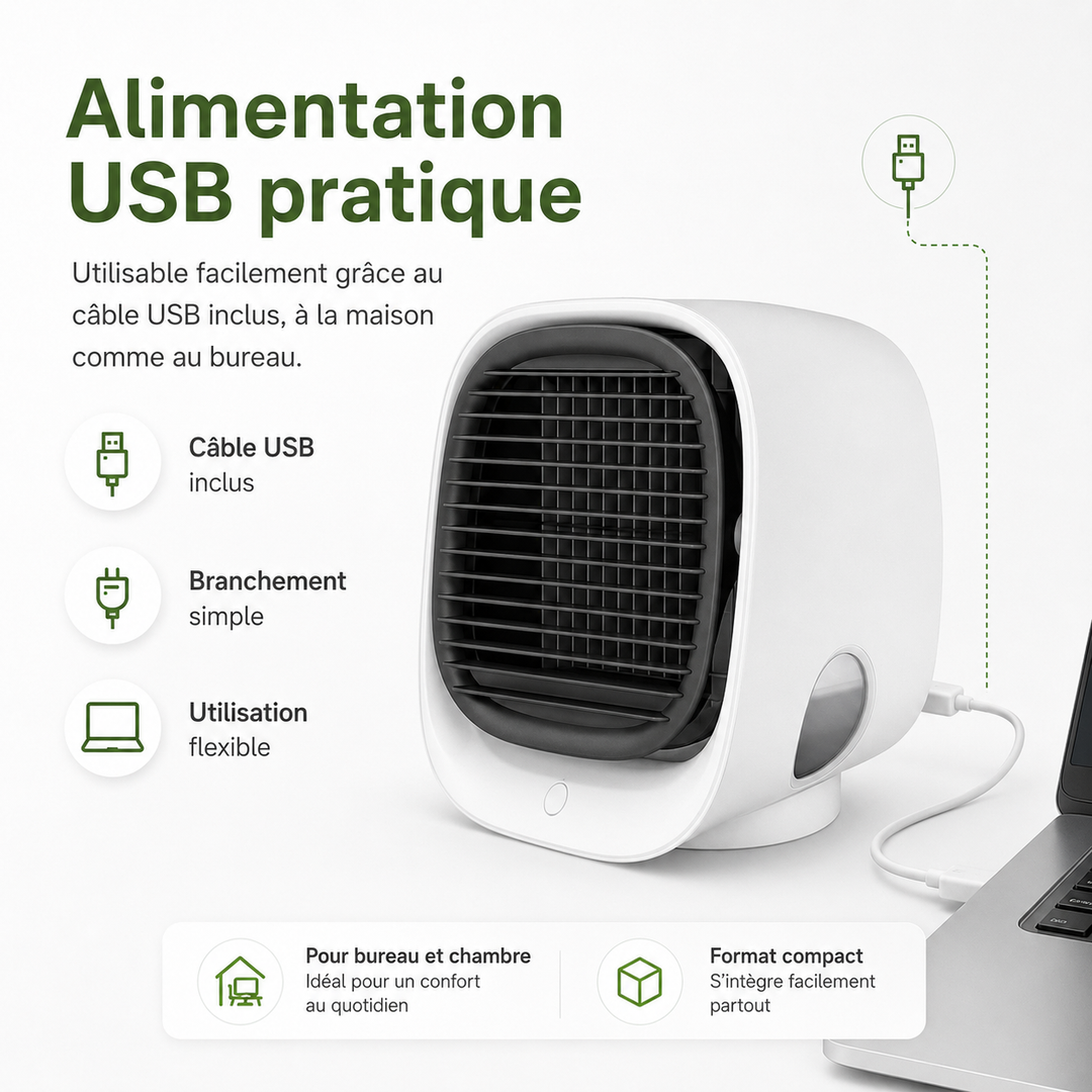 Ventilateur personnel silencieux pour le bureau ou la maison, offrant une fraîcheur immédiate.