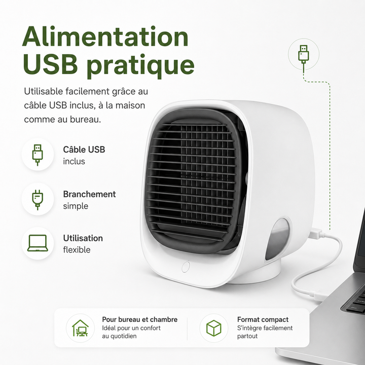 Ventilateur personnel silencieux pour le bureau ou la maison, offrant une fraîcheur immédiate.