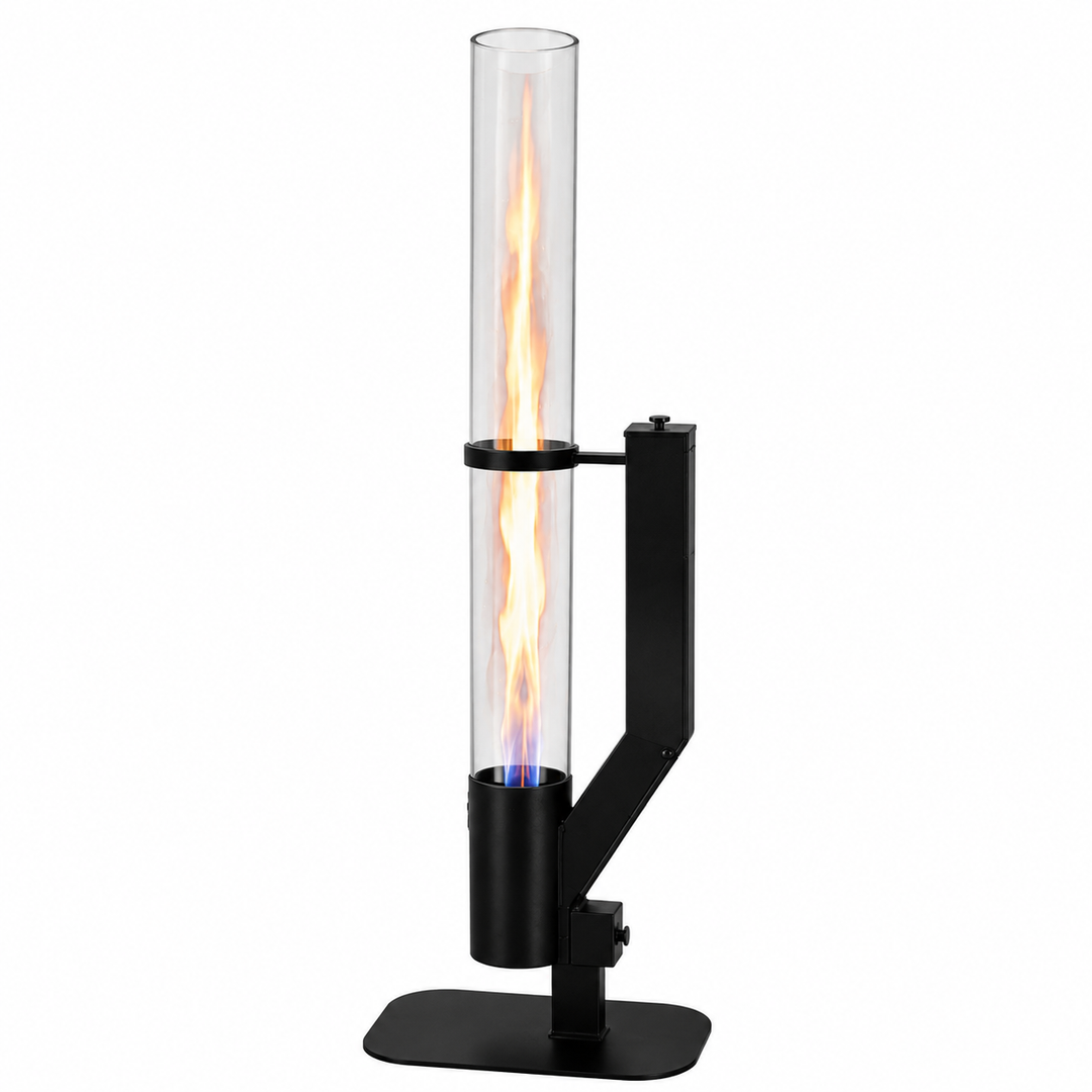 Torche à granulés extérieure avec flamme verticale. Chauffage et éclairage élégant pour jardin et patio.