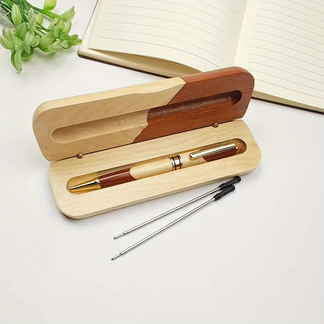 Boîte à stylos en bois, stylo bille inclus. Accessoire de bureau élégant et professionnel.