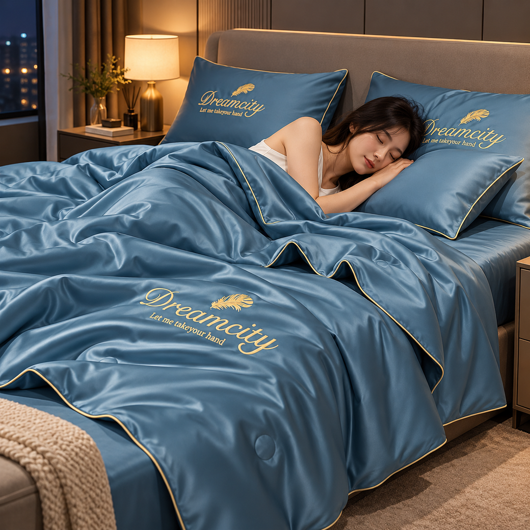 Drap d'été léger en polyester/soie glacée, idéal pour la chambre, apporte fraîcheur et confort.