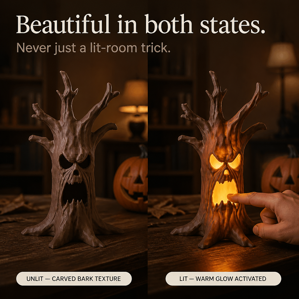 Tronc d'arbre lumineux pour Halloween, visage sculpté détails fins, idéal pour une déco d'automne.