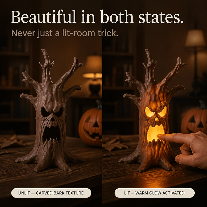 Tronc d'arbre lumineux pour Halloween, visage sculpté détails fins, idéal pour une déco d'automne.