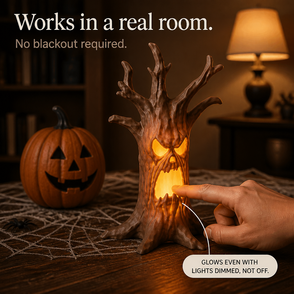 Ornement décoratif Halloween : tronc d'arbre avec visage sculpté et éclairage subtil, ambiance mystique.
