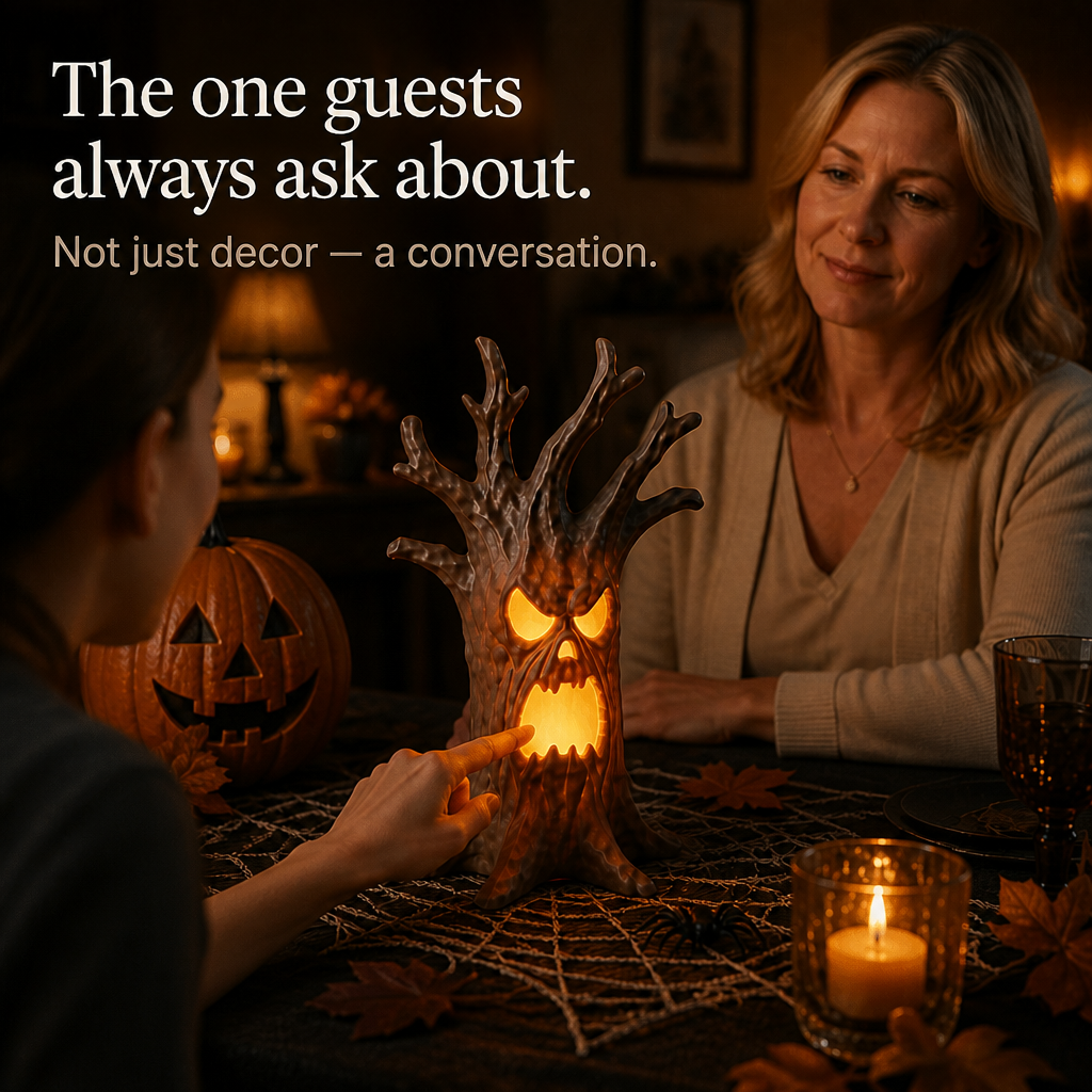 Nouveauté Halloween : tronc d'arbre en résine, visage sculpté lumineux, pour une ambiance unique.