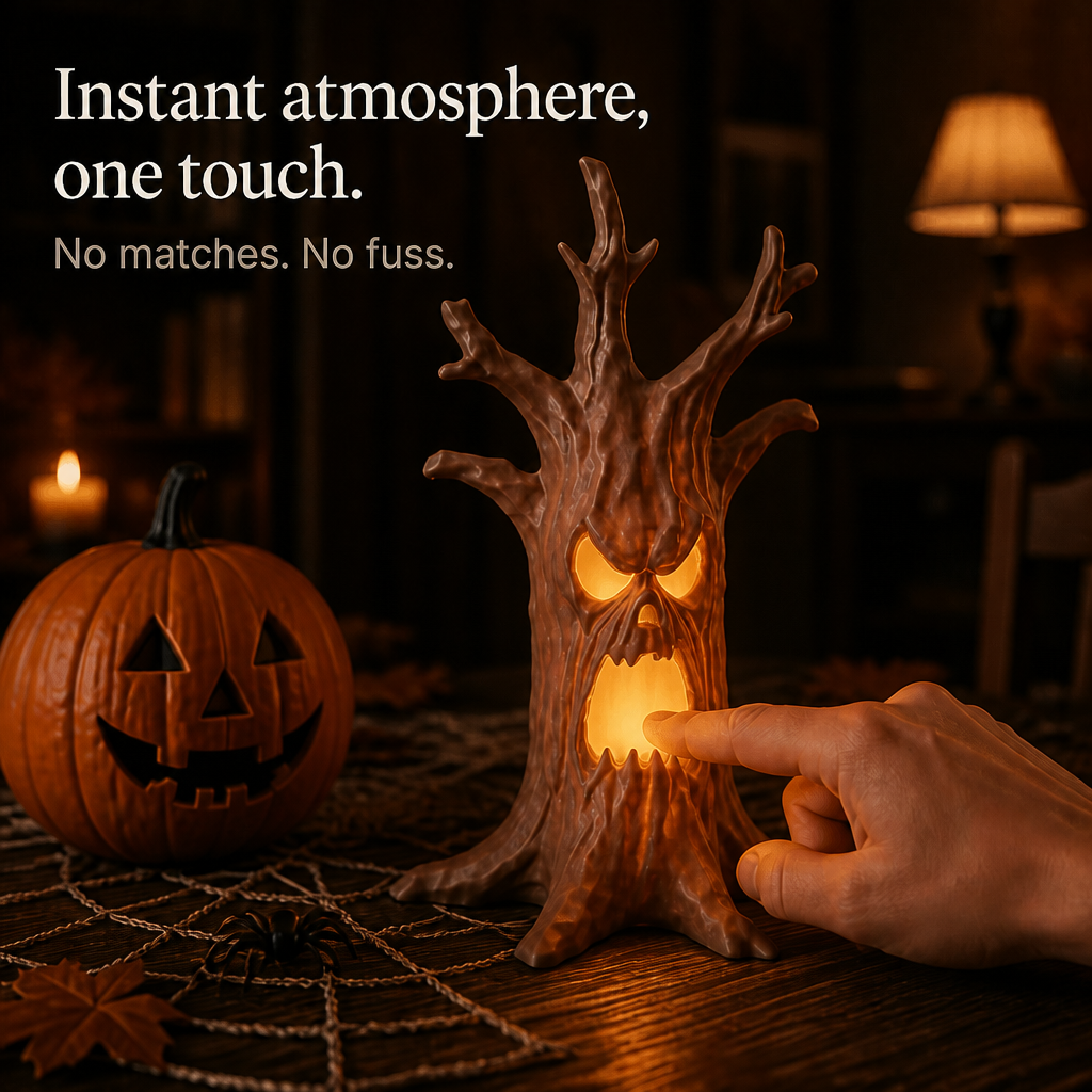 Ornement de table Halloween en bois sculpté, tronc d'arbre avec visage lumineux, création mystérieuse.