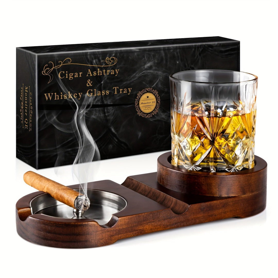 Élégant cendrier à cigare avec plateau intégré pour verre à whisky, idée cadeau fête des pères.