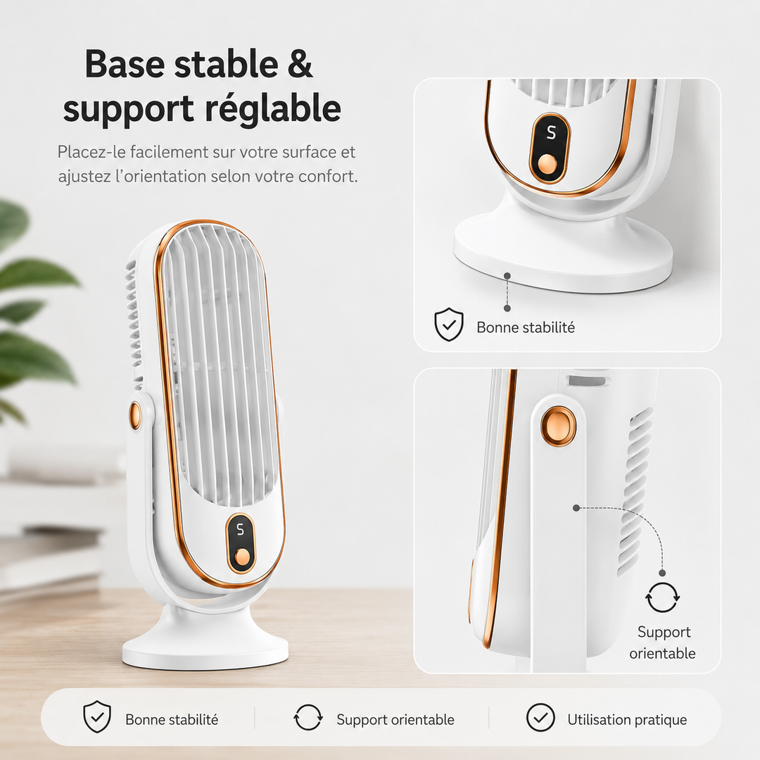 Ventilateur de bureau AeroLux compact, silencieux, USB, 720°, pour un travail confortable.
