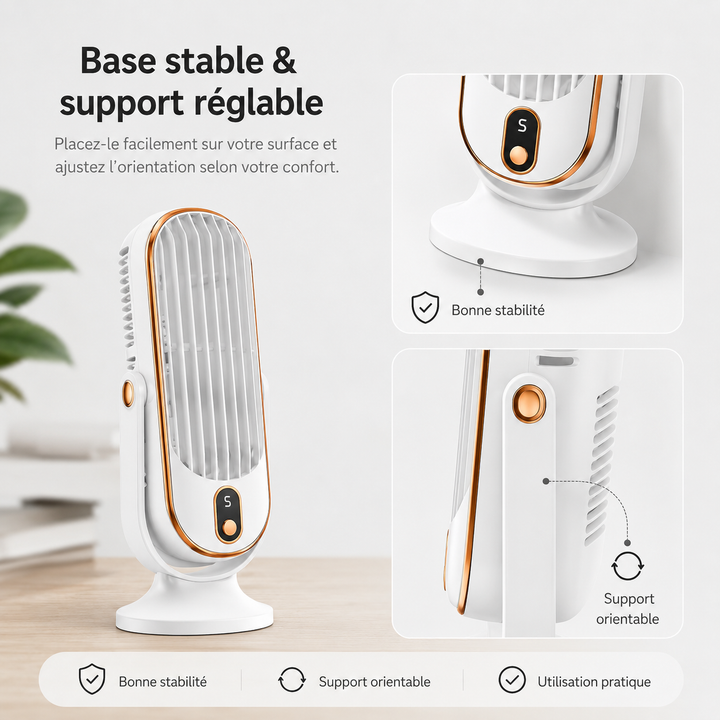 Ventilateur de bureau AeroLux compact, silencieux, USB, 720°, pour un travail confortable.