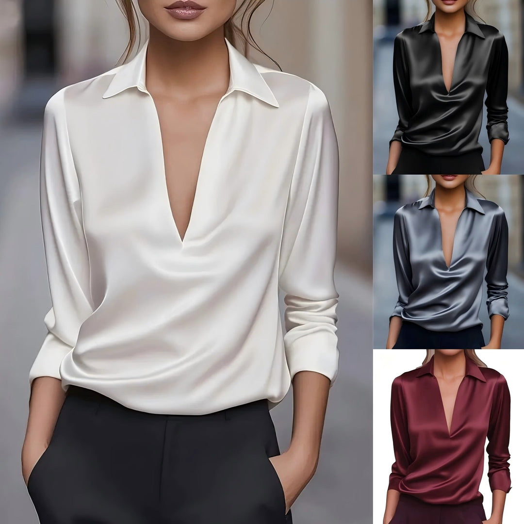 Blouse femme élégante noire à col V, manches longues. Idéale pour bureau ou soirée chic, vêtement fluide polyvalent.