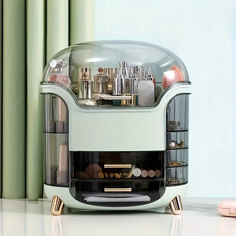 Accessoire de rangement élégant pour maquillage, design moderne en plastique blanc et vert.
