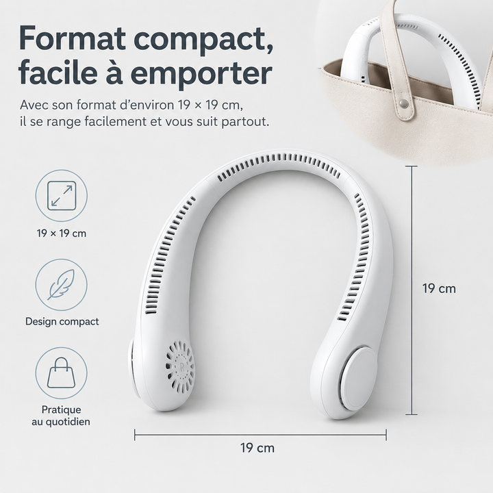 Ventilateur de cou rechargeable, portable et silencieux, parfait pour le bureau et le télétravail.