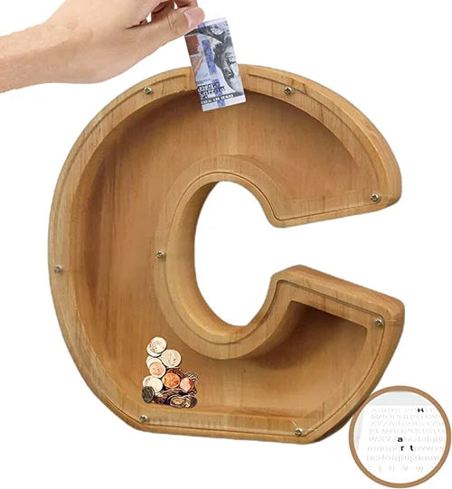 Tirelire en bois massif avec lettre B, décoration unique. Un cadeau personnalisé pour apprendre l'épargne.