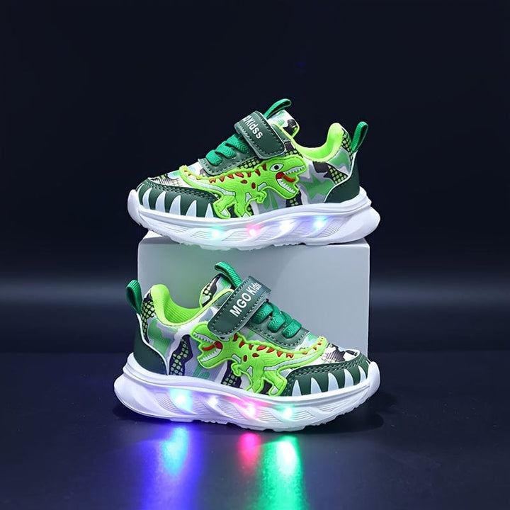 Chaussures enfants lumineuses dinosaures, LED clignotantes. Baskets de sport garçon, faciles à enfiler avec scratch.