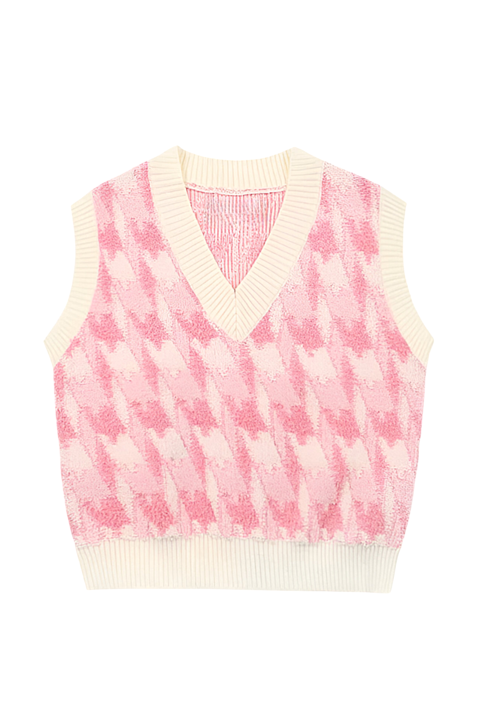 Zoom sur le gilet en maille femme, col V et motif imprimé raffiné. Un indispensable élégant pour la saison.