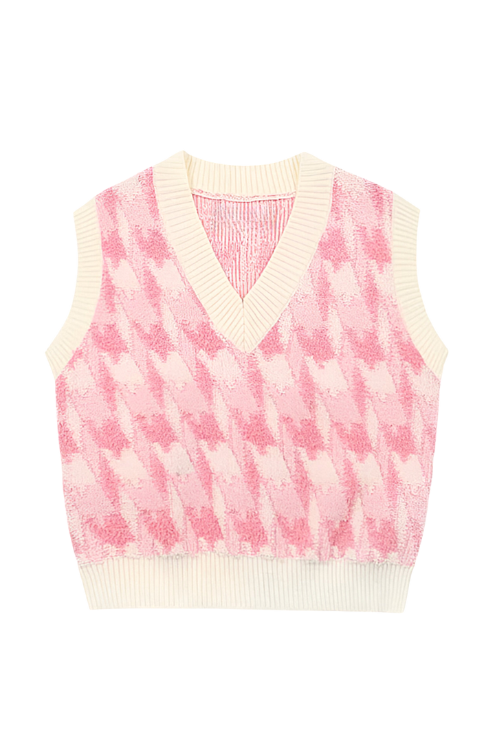 Zoom sur le gilet en maille femme, col V et motif imprimé raffiné. Un indispensable élégant pour la saison.