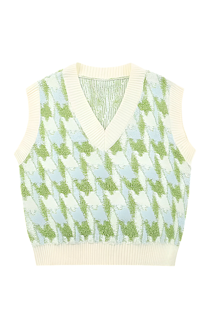 Gilet femme automne en maille souple, col V, imprimé chic. Un vêtement polyvalent pour superposer avec style.
