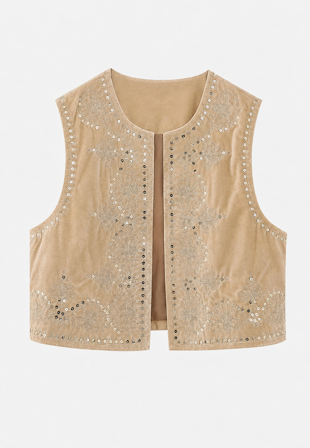 Gilet féminin en velours noir avec broderie florale détaillée, idéal pour soirée ou casual chic.
