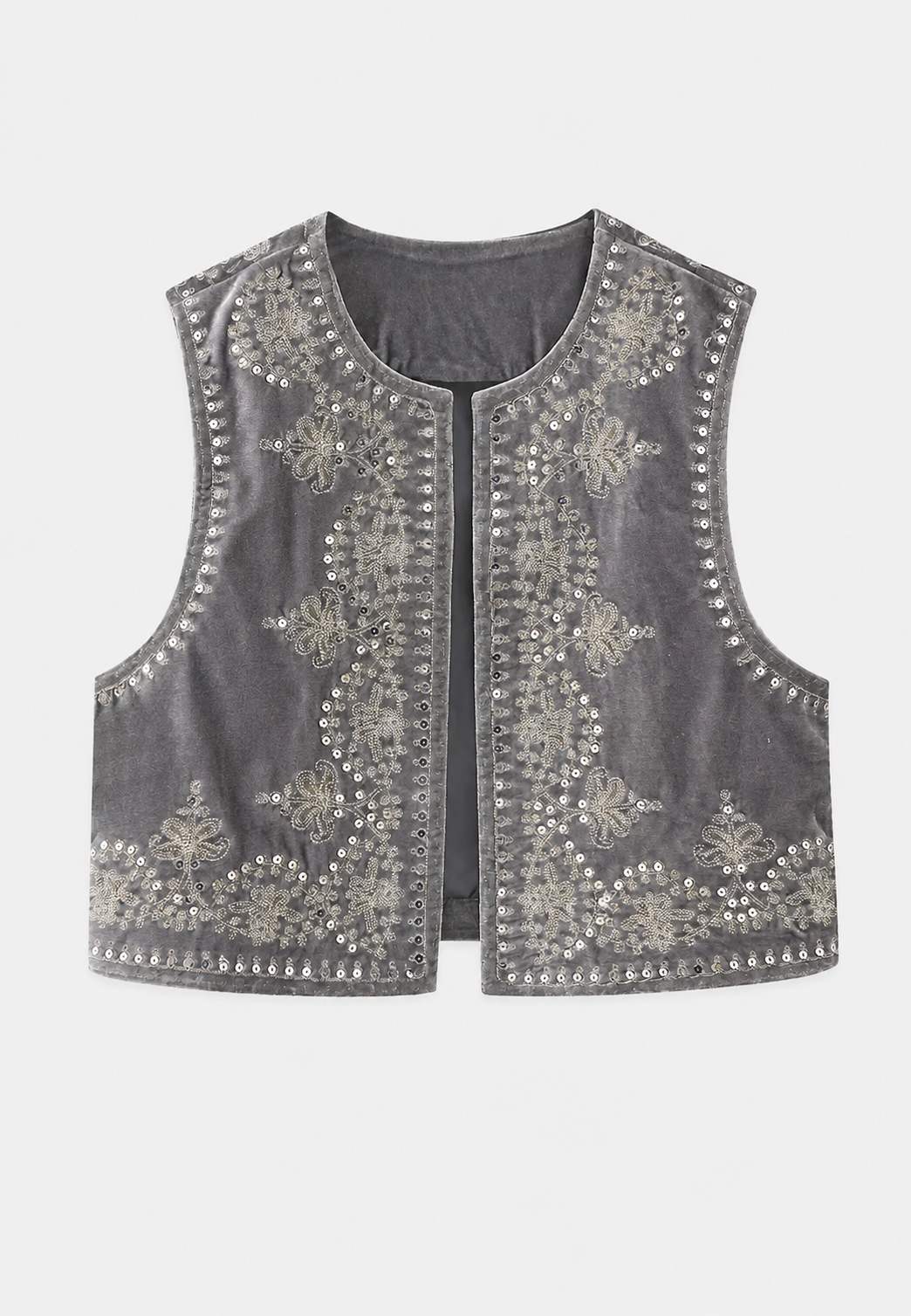 Tenue automne-printemps : Gilet femme en velours brodé, veste légère et stylée.