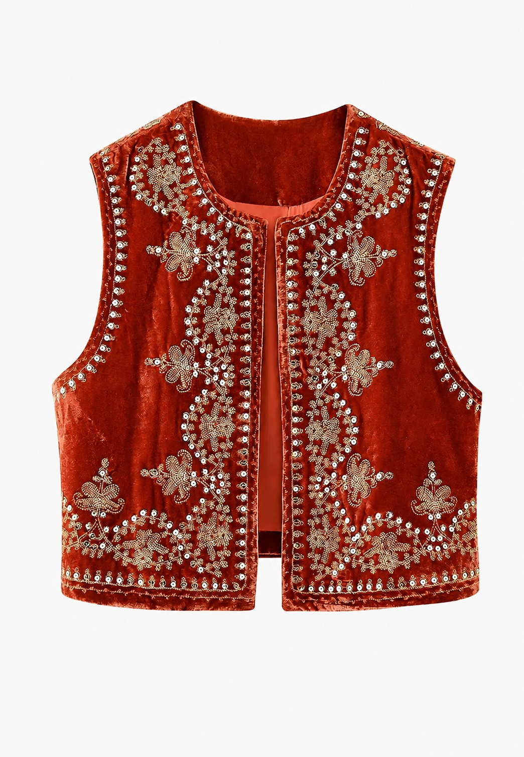 Gilet élégant femme en velours brodé de fleurs, pour un style raffiné et polyvalent.