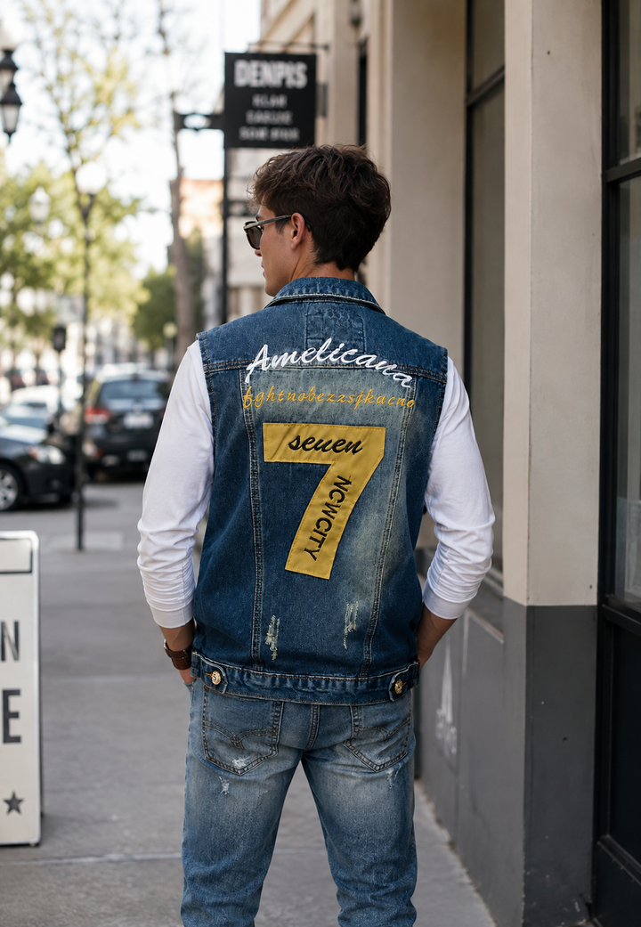 Gilet en jean homme sans manches, denim délavé avec broderies stylées pour un look urbain casual.