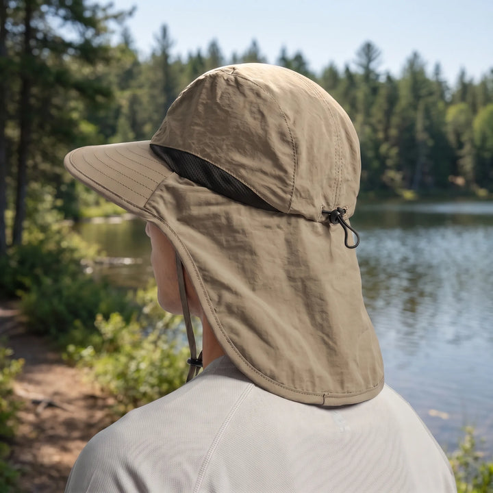 Chapeau de soleil unisexe pour l'aventure. Protection UV UPF 50+ et protège-nuque intégré pour la randonnée.