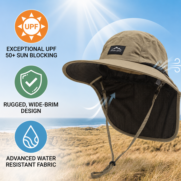 Chapeau de trekking anti-UV UPF 50+ avec protège-nuque. Indispensable pour la randonnée sous le soleil.