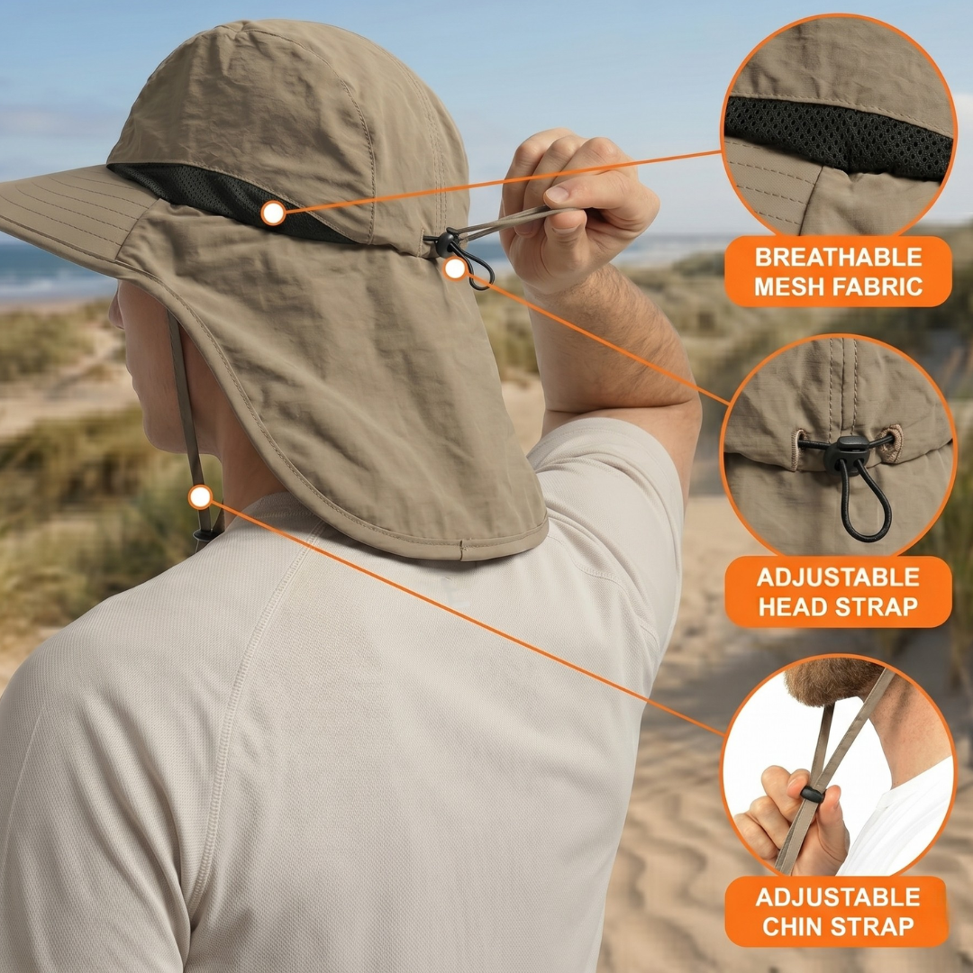 Chapeau de soleil robuste, protection solaire UPF 50+ avec protège-nuque. Idéal sport et plein air.
