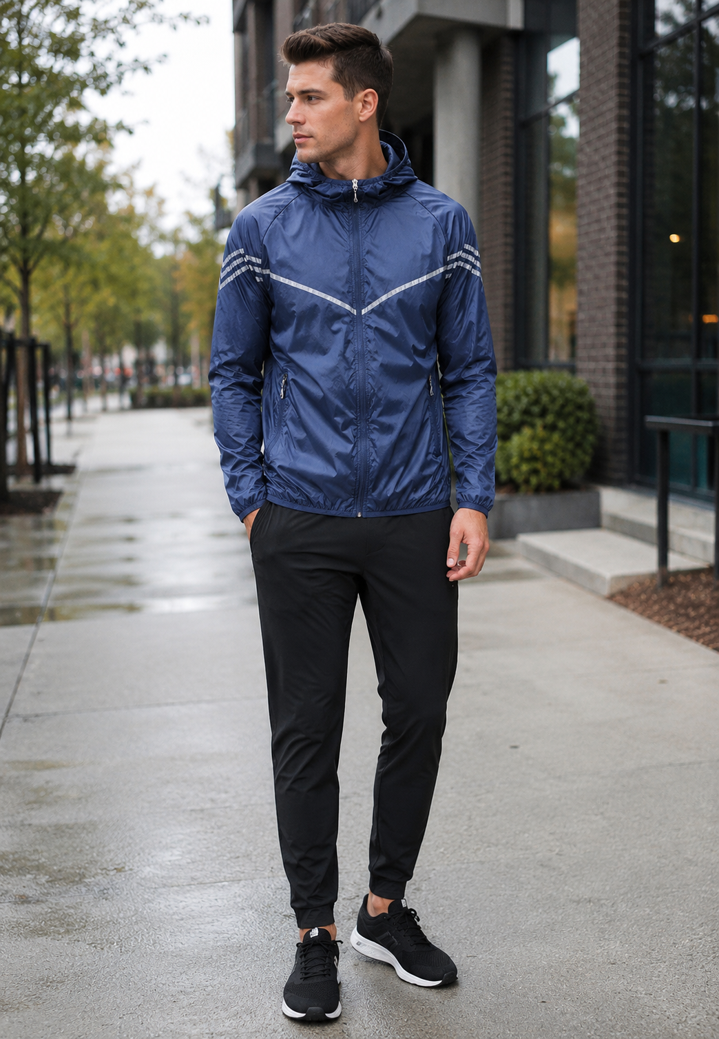 Veste coupe-vent homme dynamique, légère avec capuche, parfaite pour le sport et l'extérieur sous la pluie.