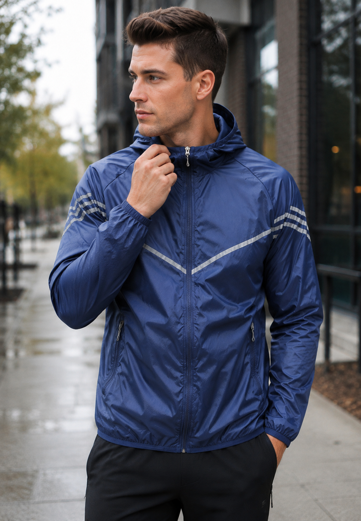 Veste imperméable homme légère à capuche pour protection urbaine contre la pluie. Idéale en ville.
