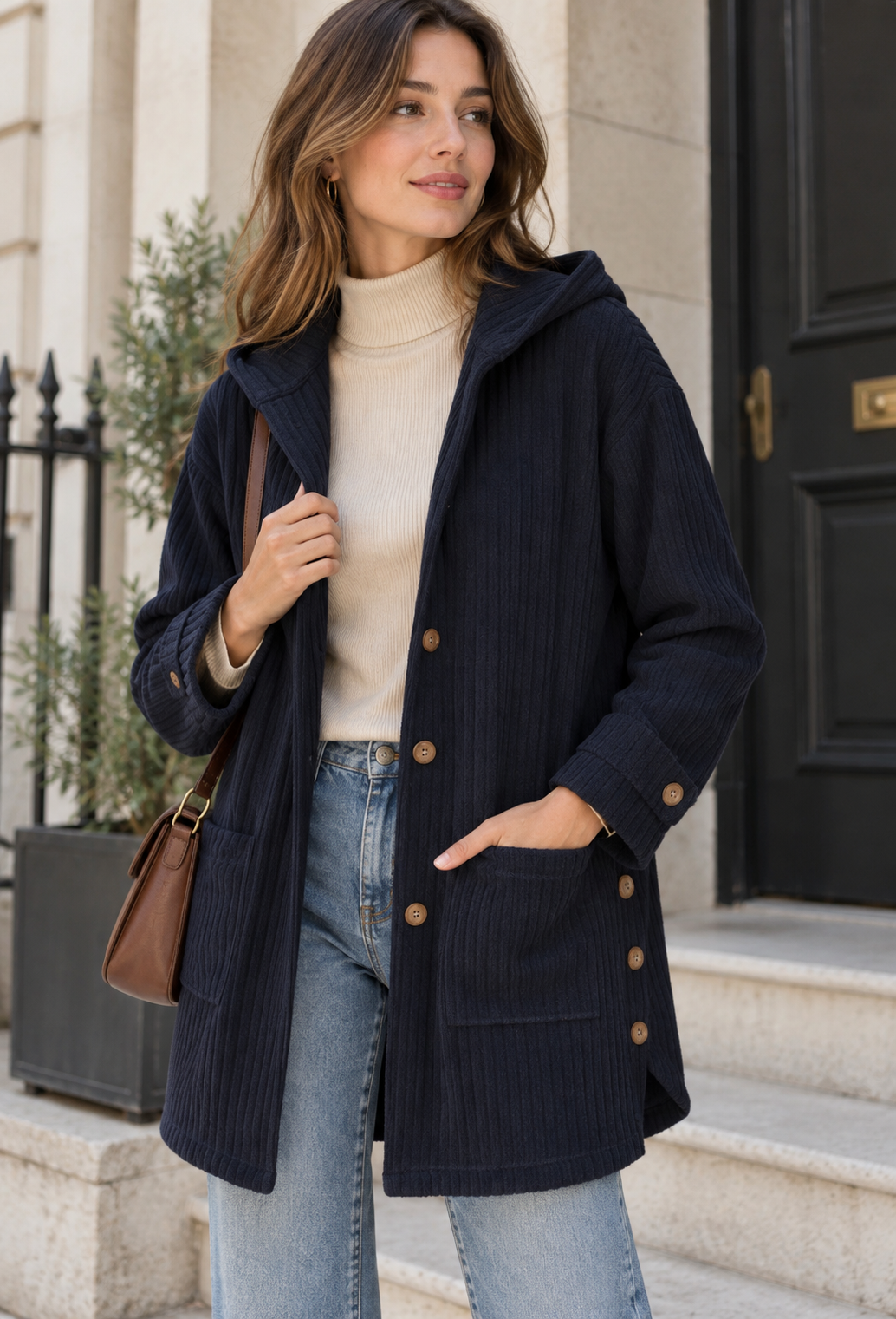 Veste d'automne longue et boutonnée pour femme, à capuche. Idéale pour un look décontracté et confortable.