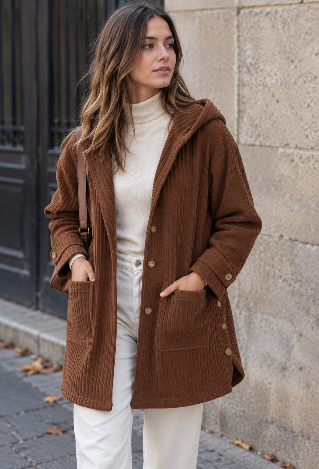 Veste longue femme à capuche, boutonnée et décontractée. Parfaite comme surchemise élégante d'automne.