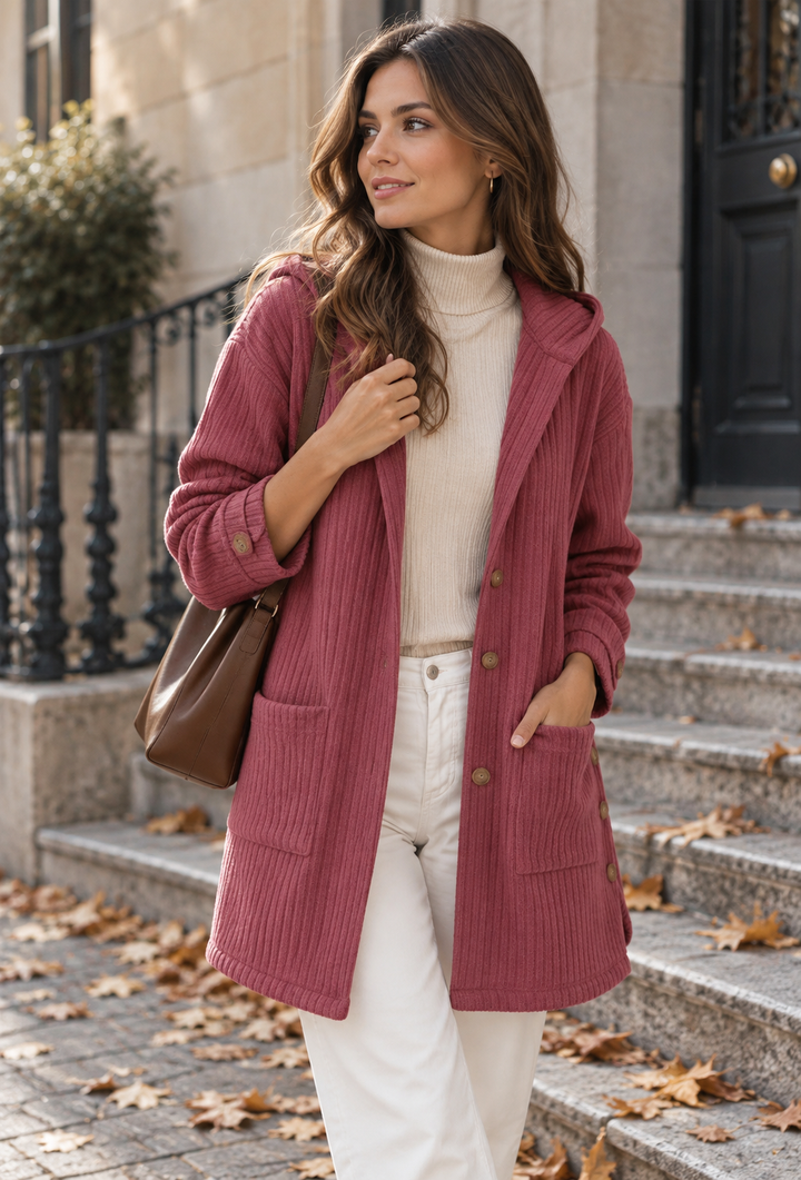 Femme portant une veste longue décontractée boutonnée à capuche, couleur automnale. Tenue confortable.