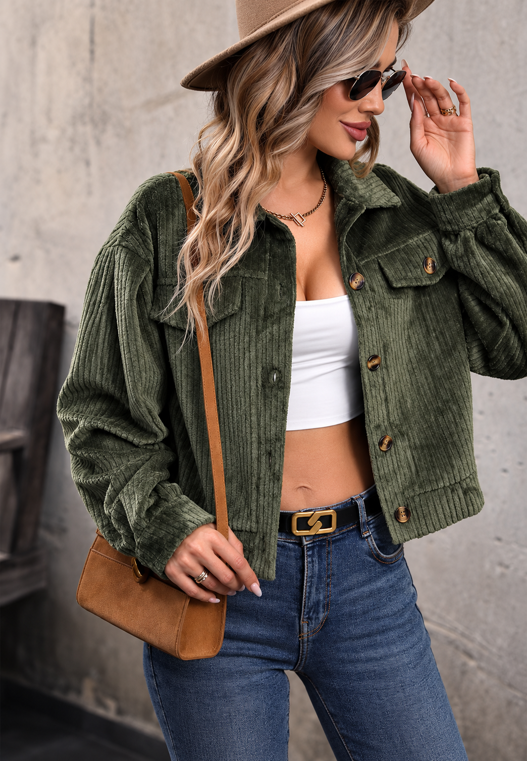 Veste femme courte et chic en vert militaire, idéale pour un look décontracté ou élégant. Mode automne.
