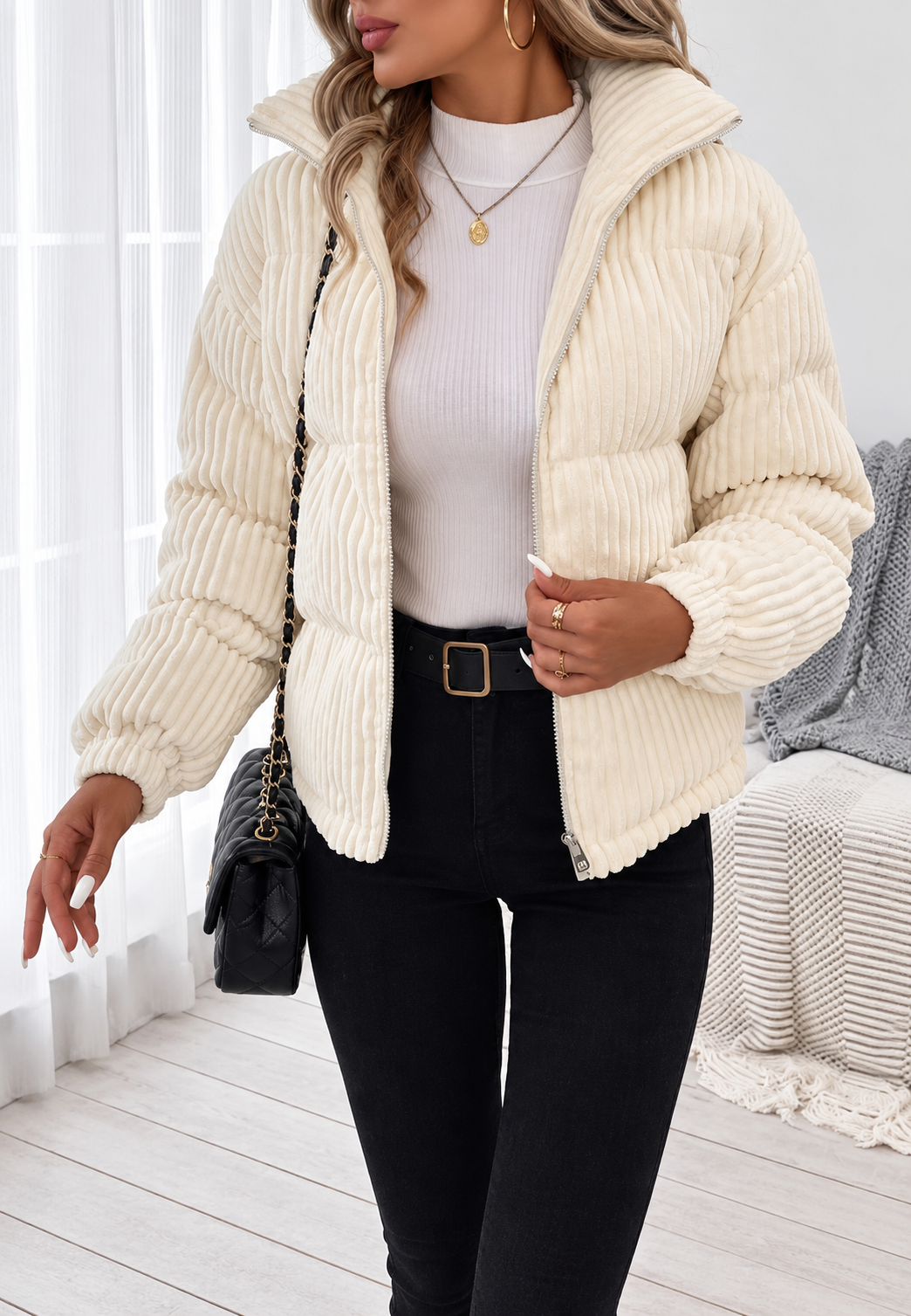 Veste chic femme col montant, coupe ample, idéale pour l'automne. Fermeture éclair et poches pratiques.