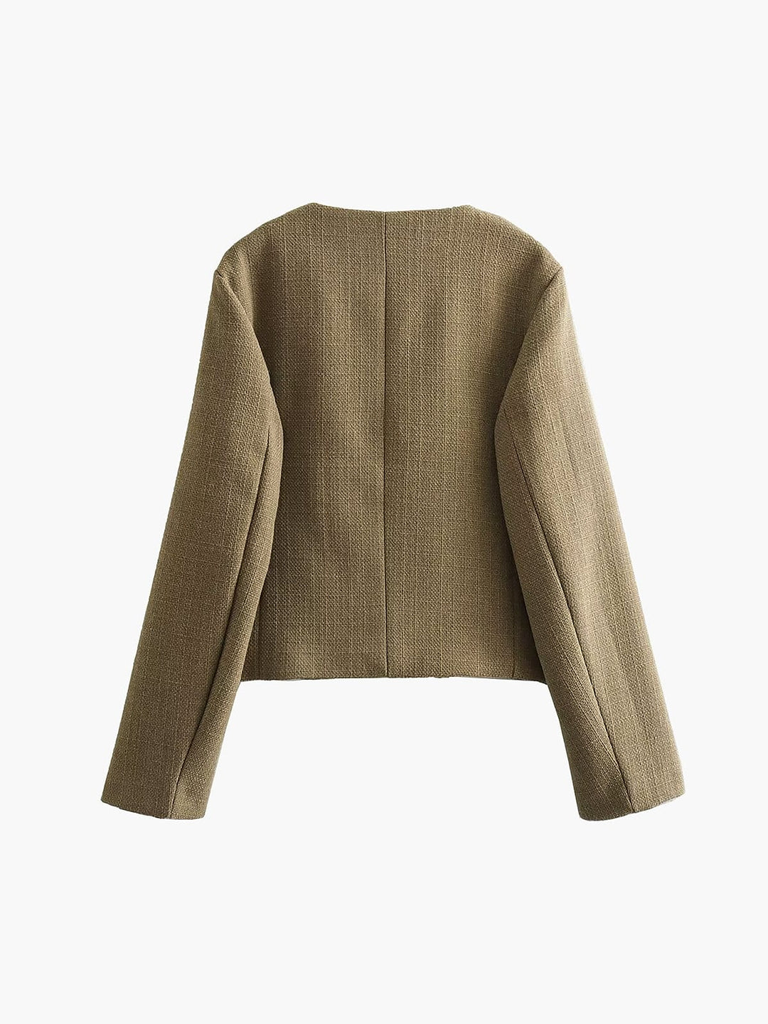Veste courte femme, boutons dorés. Style tailleur élégant, col rond. Tendance mode féminine pour saison fraîche.