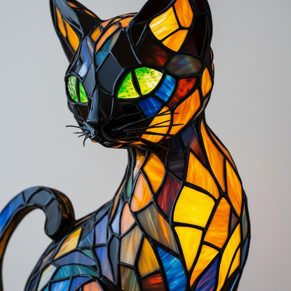 Adorable figurine de chat lumineuse en résine blanche, style contemporain, parfaite pour une décoration intérieure chic.