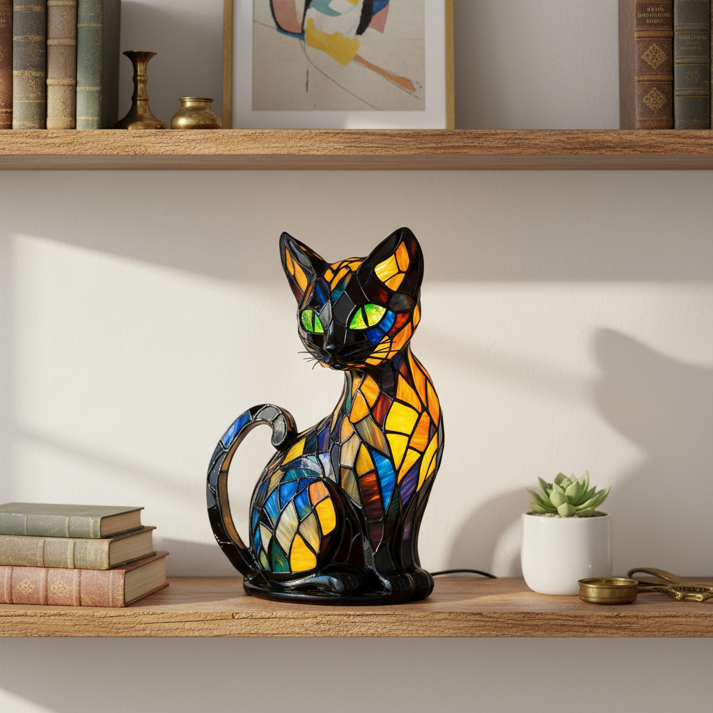 Chat décoratif lumineux, design moderne en résine, idéal pour égayer un salon, une chambre ou comme cadeau original.