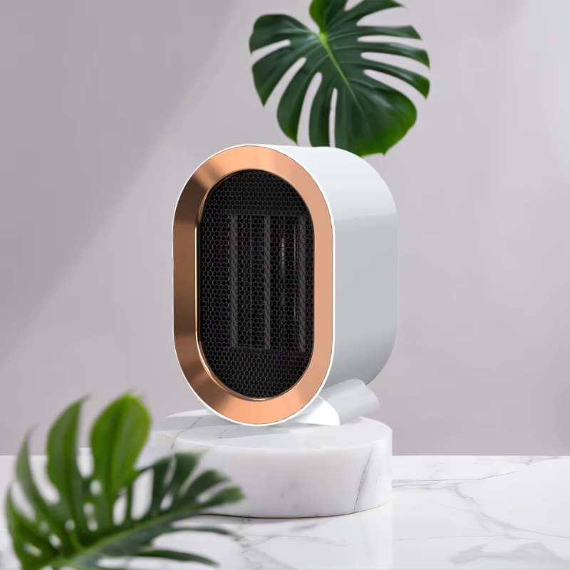 Vue de face du chauffage portable de bureau, chaleur électrique réglable et compacte pour l'hiver.