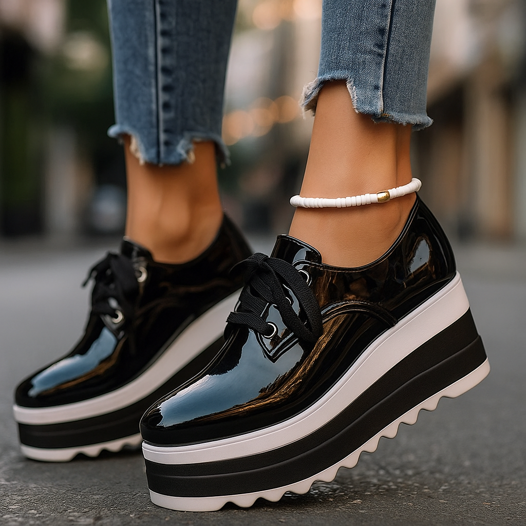 Chaussures femme à plateforme noires à lacets, confortables et polyvalentes. Semelle compensée, style chic tendance.