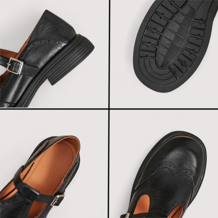 Paire de Mary Jane en cuir noir, élégantes et orthopédiques, idéales pour le confort et le style féminin quotidien.