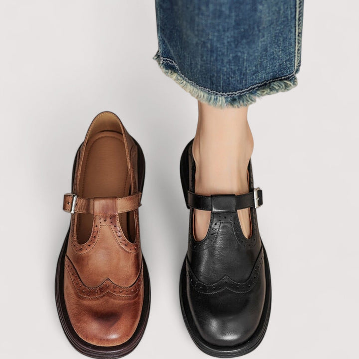 Chaussures femme Mary Jane confortables en cuir marron/noir, avec bride cheville, idéales pour la marche quotidienne.