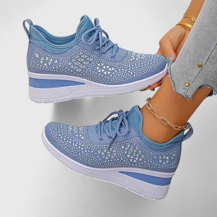 Chaussures femme compensées orthopédiques avec strass, idéales pour la mode et le soutien plantaire.
