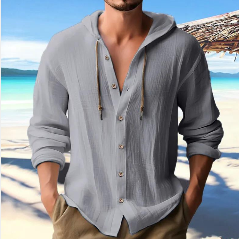 Chemise homme à capuche polyvalente, boutonnée, manches longues, parfaite pour un style décontracté printanier.